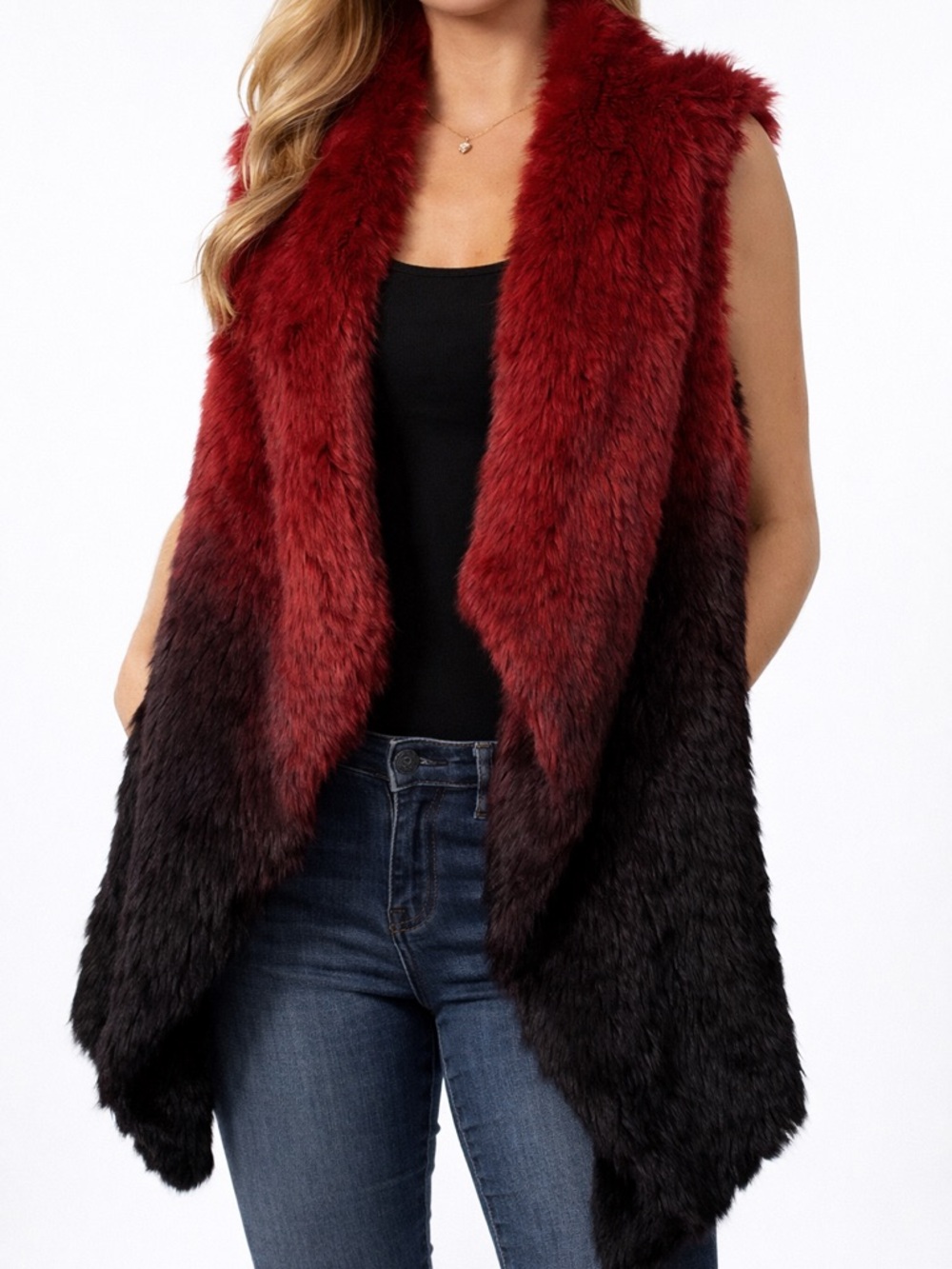 Vintage Premise Ombre Faux Fur Vest Red Black Festival Boho Wrap - Picture 11 of 16